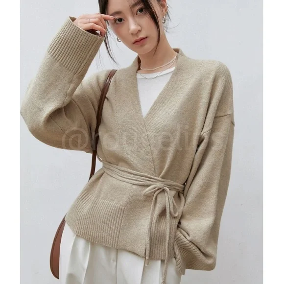 Oatmeal Beige Knit Kimono Sweater Tie Belt Boxy Loose Fit Drop Shoulder Wrap - Picture 5 of 12